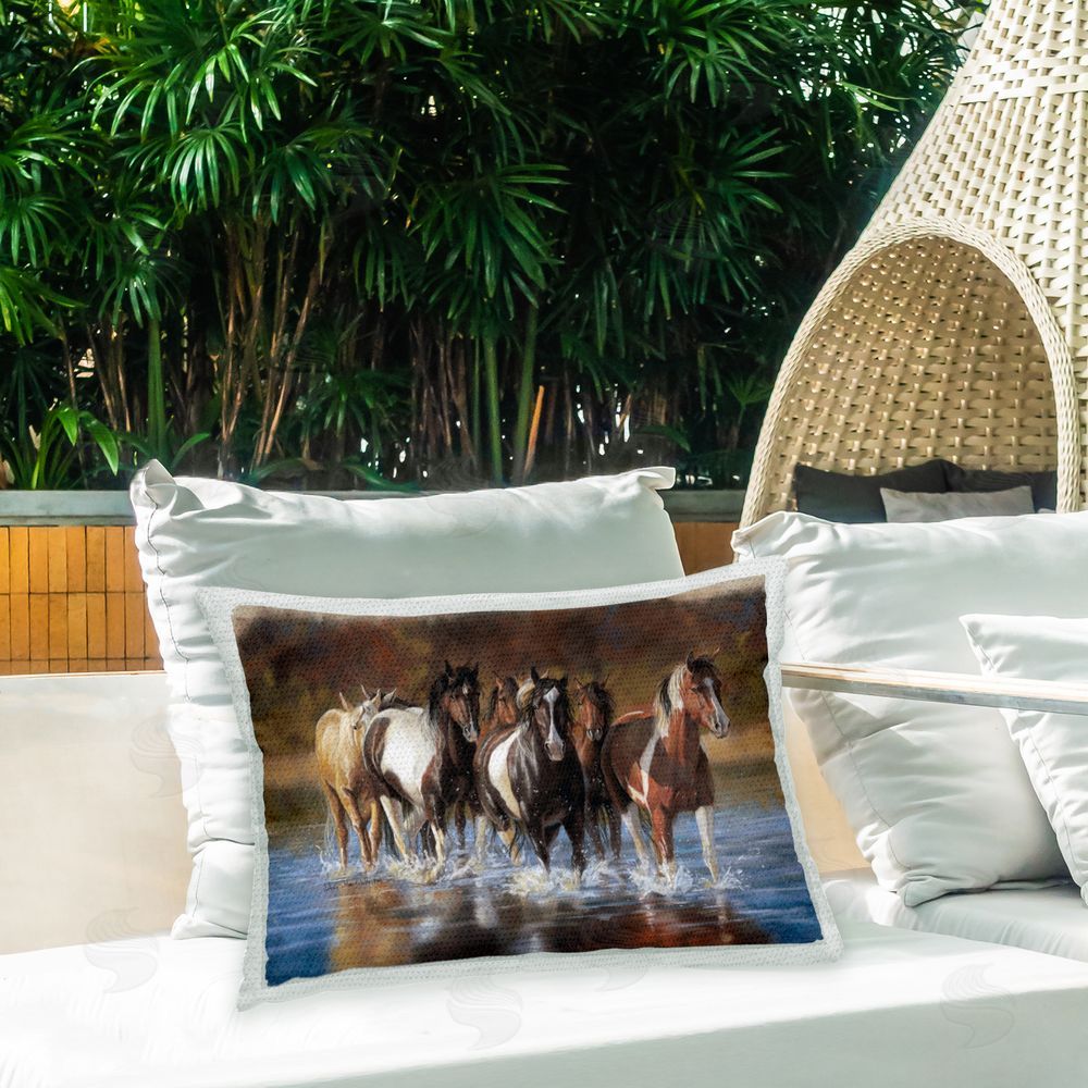 Victoria Schultz Splashing Horse Herd Outdoor Quick-Dry Polyester Printed Throw Pillow in Back Yard