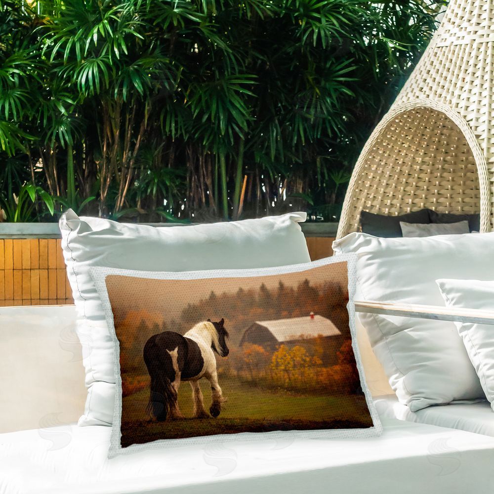 PH Burchett Horse Overlooking Barn Outdoor Quick-Dry Polyester Printed Throw Pillow in Back Yard