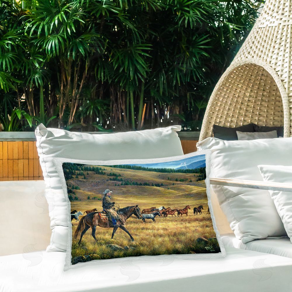 Abraham Hunter Cowboy with Horse Herd Outdoor Quick-Dry Polyester Printed Throw Pillow in Back Yard