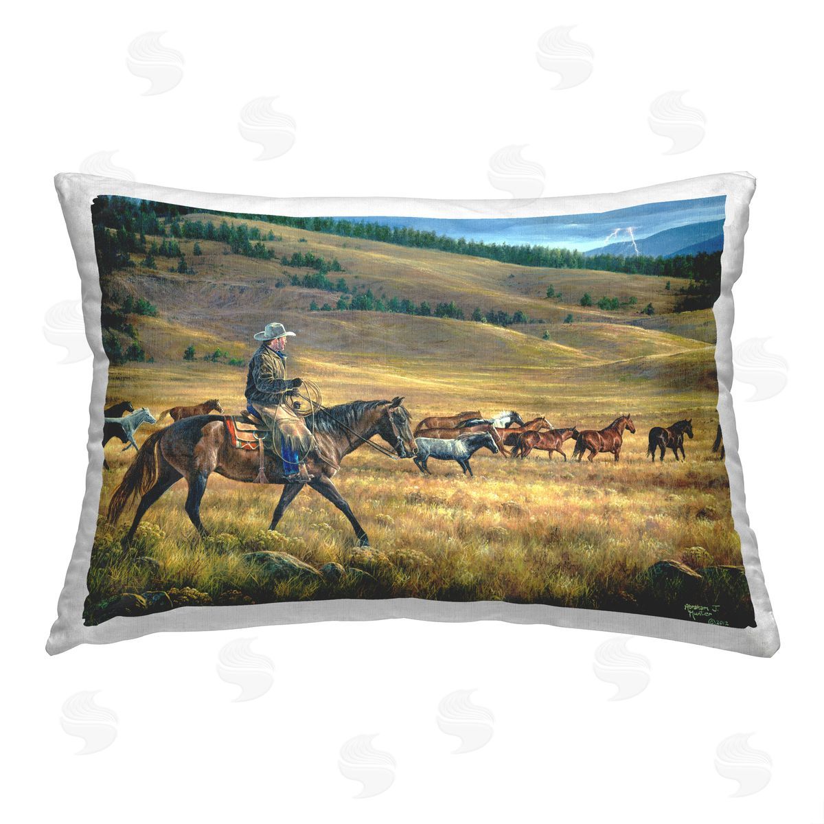 Abraham Hunter Cowboy with Horse Herd Printed Plush Polyester Throw Pillow