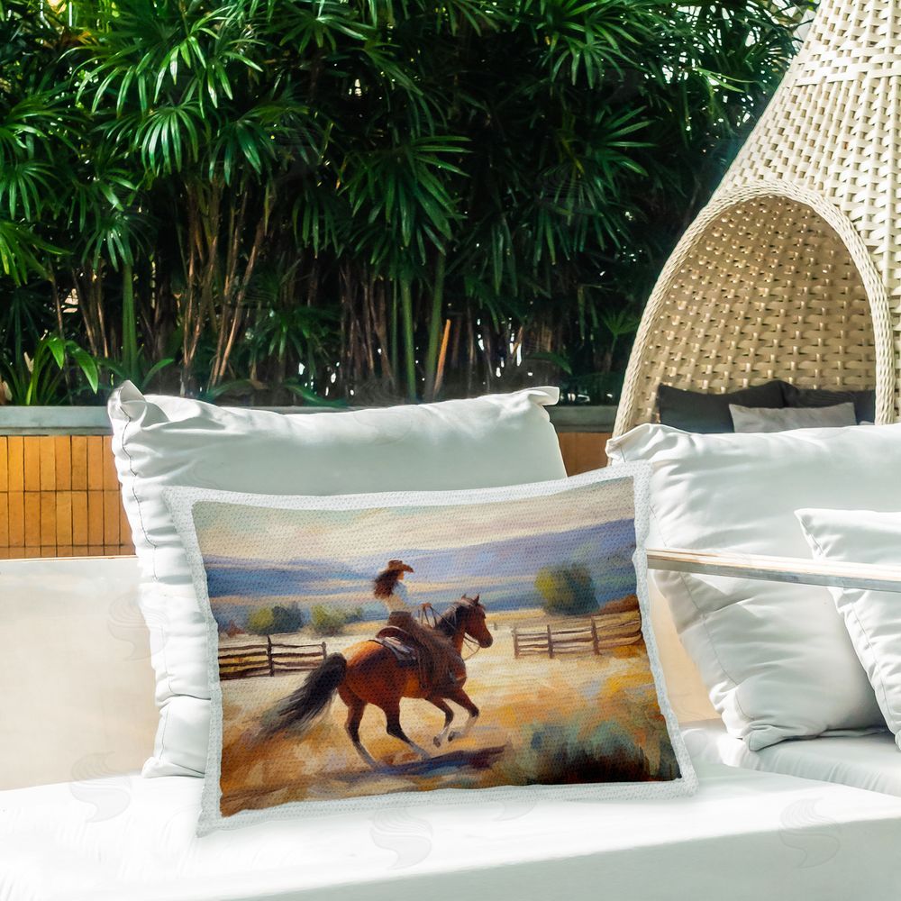 Ramona Murdock Abstract Cowgirl on Farm Outdoor Quick-Dry Polyester Printed Throw Pillow in Back Yard