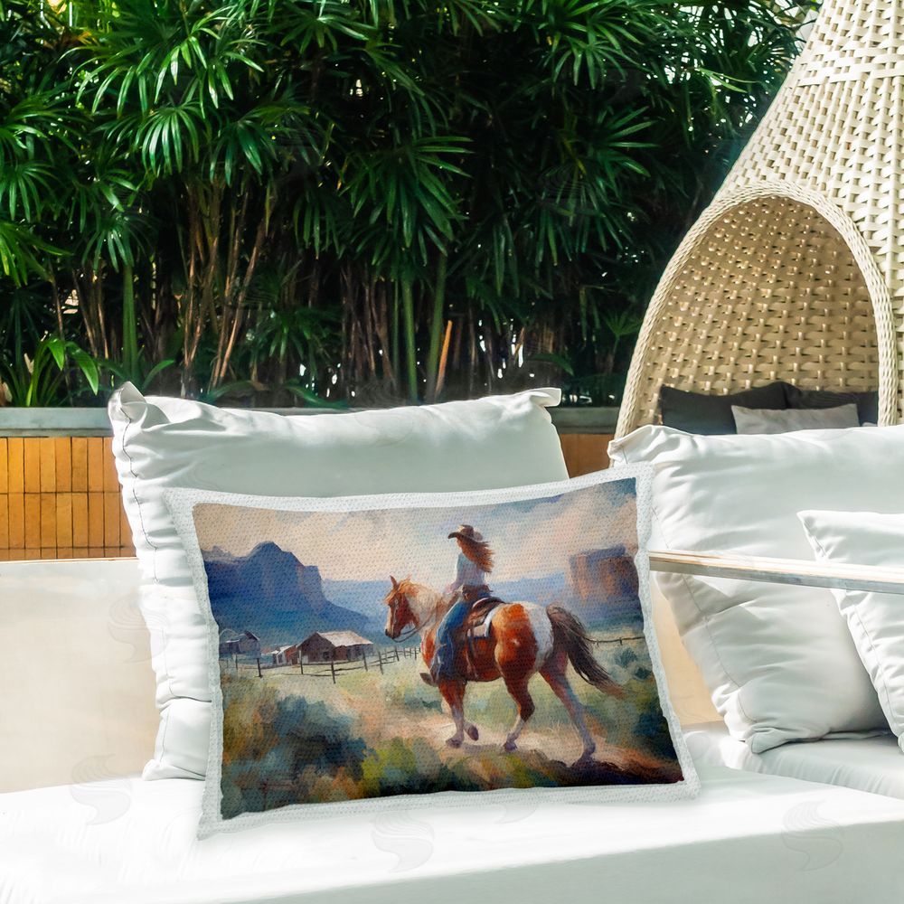 Ramona Murdock Equestrian Girl on Horse Outdoor Quick-Dry Polyester Printed Throw Pillow in Back Yard
