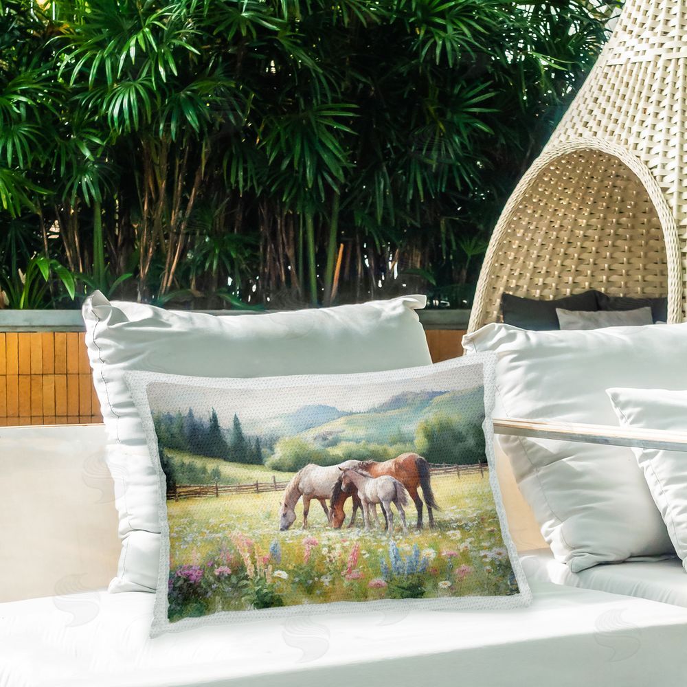 Ramona Murdock Horses & Foal in Meadow Outdoor Quick-Dry Polyester Printed Throw Pillow in Back Yard