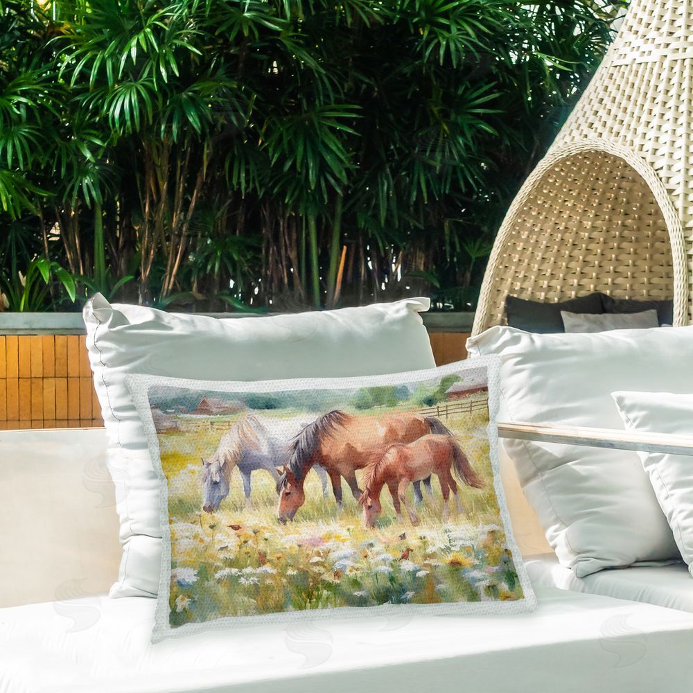 Ramona Murdock Horse Family Grazing Outdoor Quick-Dry Polyester Printed Throw Pillow in Back Yard