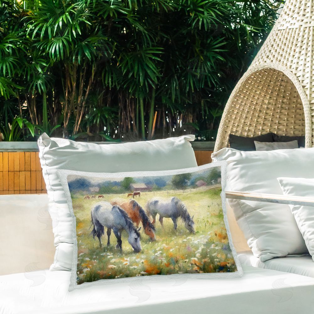 Ramona Murdock Abstract Horses in Meadow Outdoor Quick-Dry Polyester Printed Throw Pillow in Back Yard