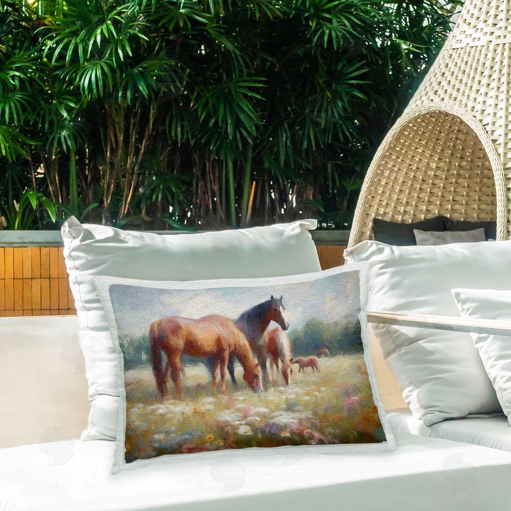 Ramona Murdock Soft Horses in Meadow Outdoor Quick-Dry Polyester Printed Throw Pillow in Back Yard
