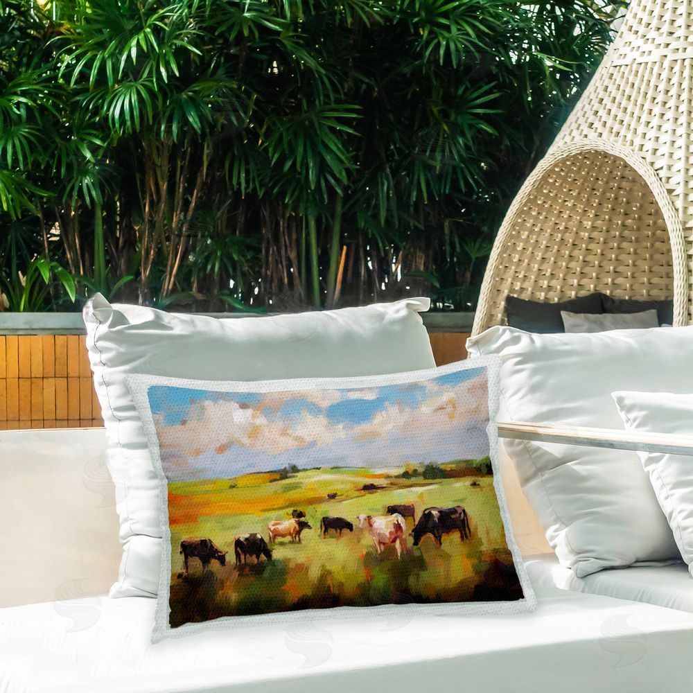 Ziwei Li Cows Under Cloudy Sky Outdoor Quick-Dry Polyester Printed Throw Pillow in Back Yard