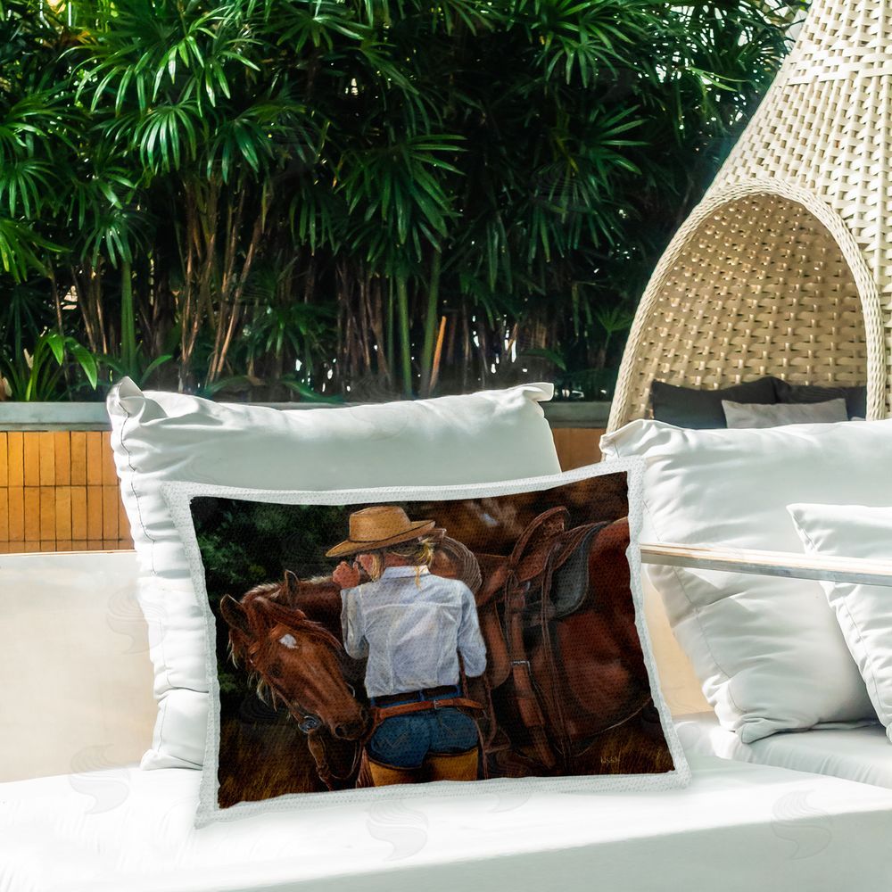 Victoria Schultz Cowgirl with Saddled Horse Outdoor Quick-Dry Polyester Printed Throw Pillow in Back Yard