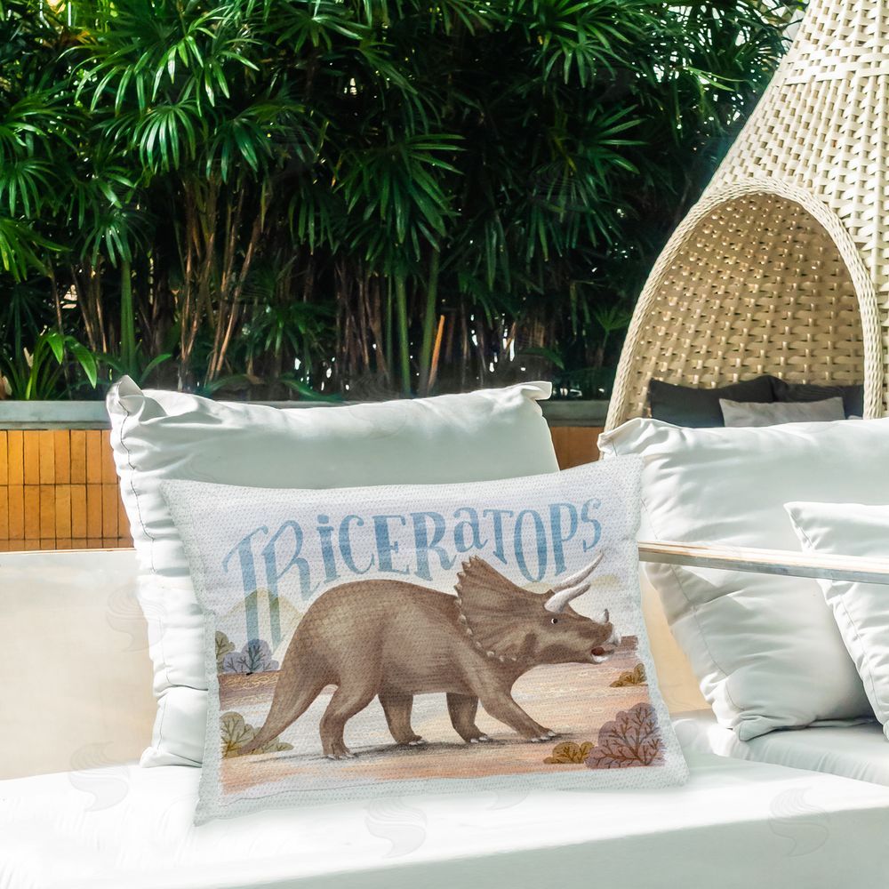 Raquel Maciel Triceratops in Nature Outdoor Quick-Dry Polyester Printed Throw Pillow in Back Yard