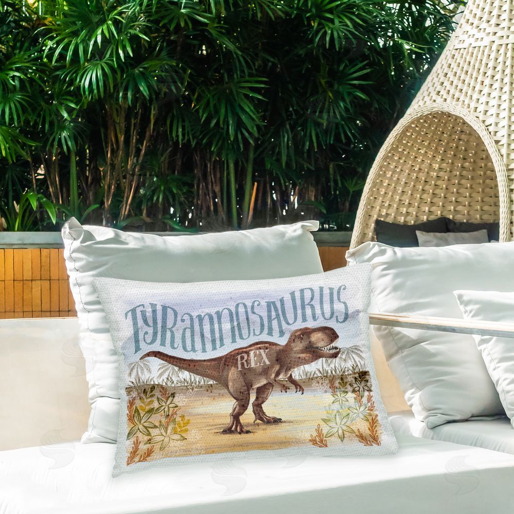 Raquel Maciel T-Rex in Nature Outdoor Quick-Dry Polyester Printed Throw Pillow in Back Yard