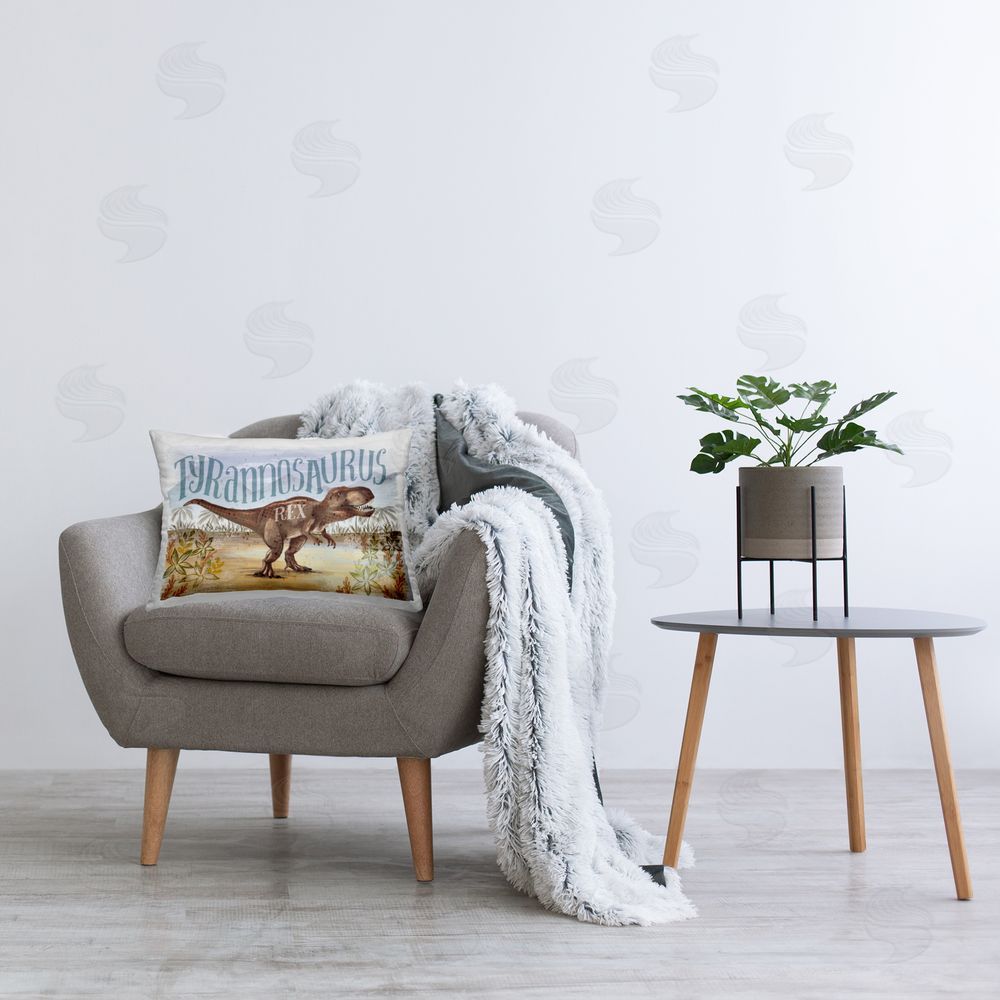 Raquel Maciel T-Rex in Nature Printed Plush Polyester Throw Pillow On Chair