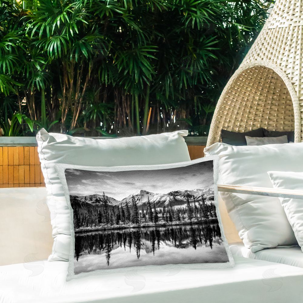 Daniel Sproul Fir Trees Lake Reflection Outdoor Quick-Dry Polyester Printed Throw Pillow in Back Yard