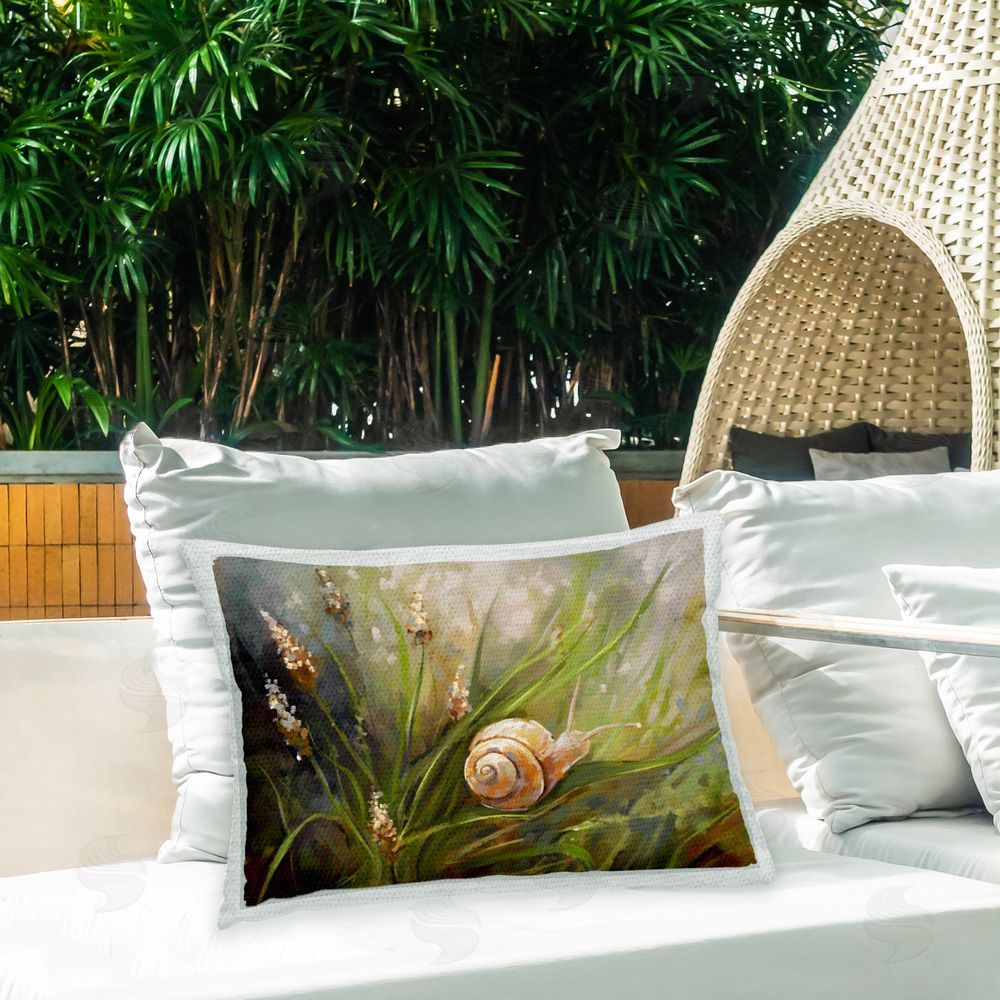 Ziwei Li Snail Resting on Grass Outdoor Quick-Dry Polyester Printed Throw Pillow in Back Yard