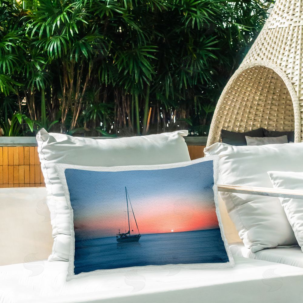 Renel Peters Boat at Sunset Seascape Outdoor Quick-Dry Polyester Printed Throw Pillow in Back Yard