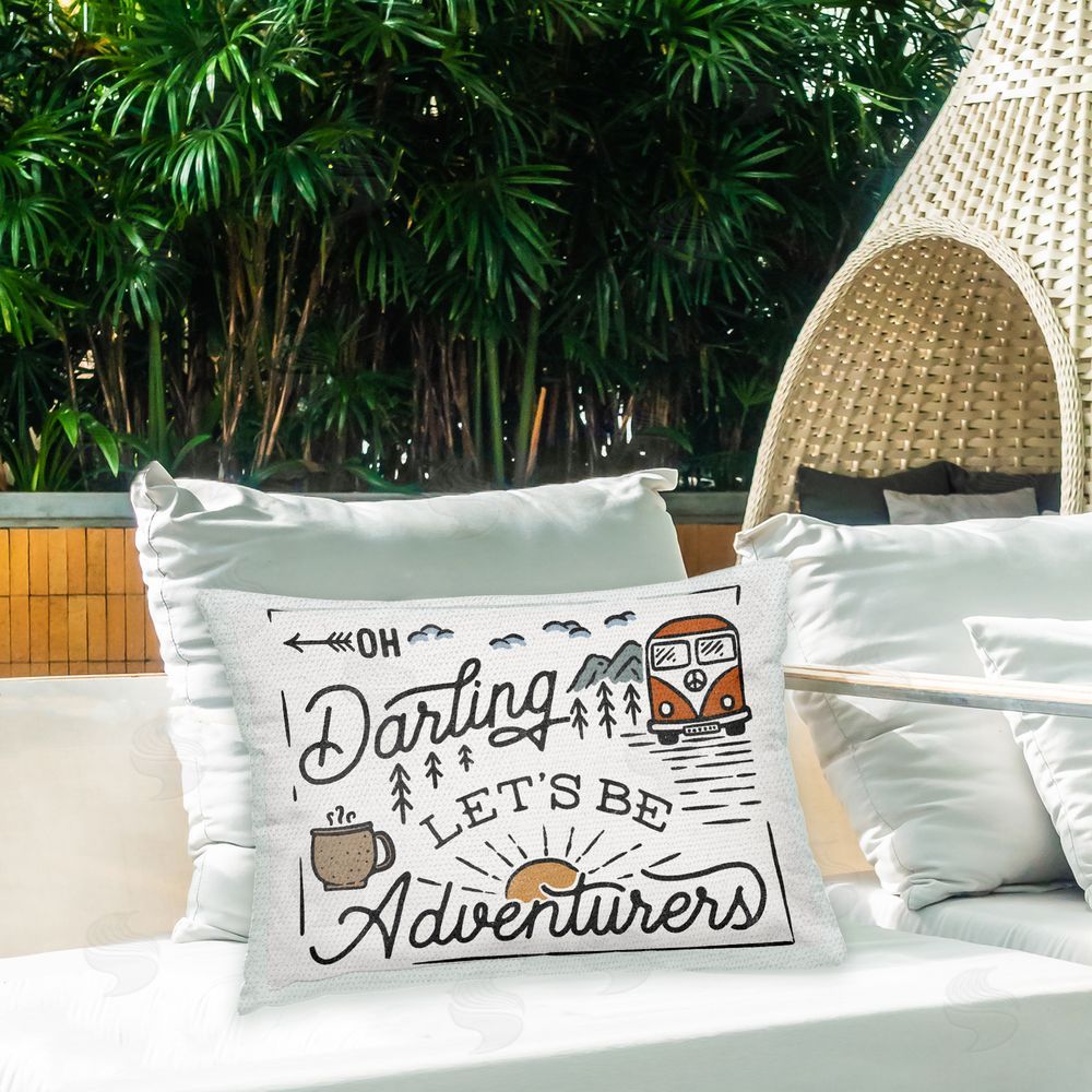 Laura Marshall Neutral Adventure Phrase Outdoor Quick-Dry Polyester Printed Throw Pillow in Back Yard