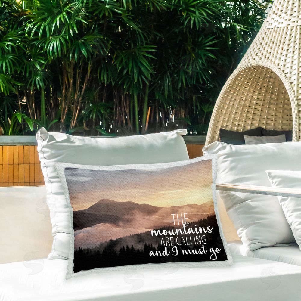 Kim Allen Mountains Adventure Phrase Outdoor Quick-Dry Polyester Printed Throw Pillow in Back Yard