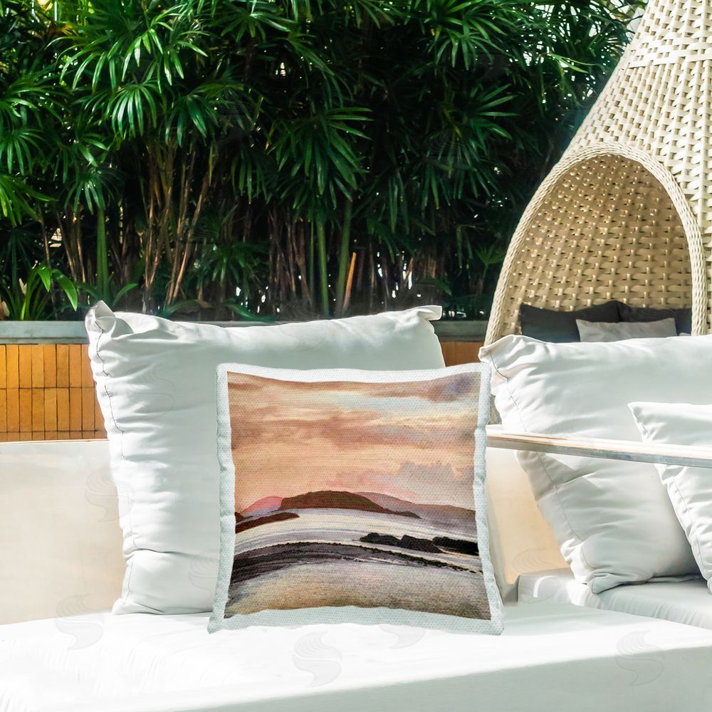 Alonzo Saunders Rocky Shore at Sunset Outdoor Quick-Dry Polyester Printed Throw Pillow in Back Yard