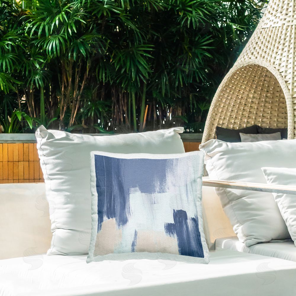 Lucille Price Blue & Tan Abstraction Outdoor Quick-Dry Polyester Printed Throw Pillow in Back Yard