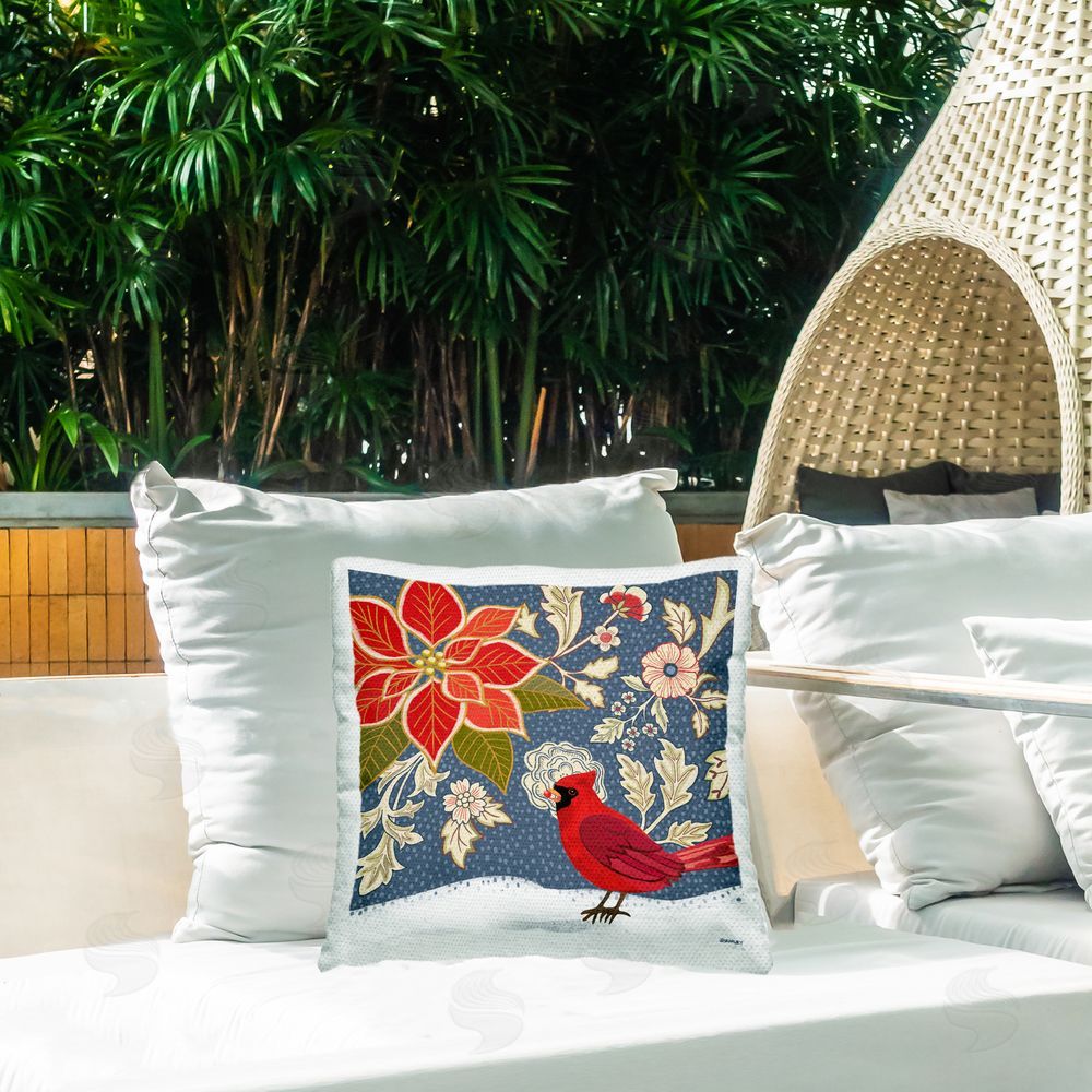 Jennifer Brinley rep. Levison Designs Winter Cardinal & Flowers Outdoor Quick-Dry Polyester Printed Throw Pillow in Back Yard