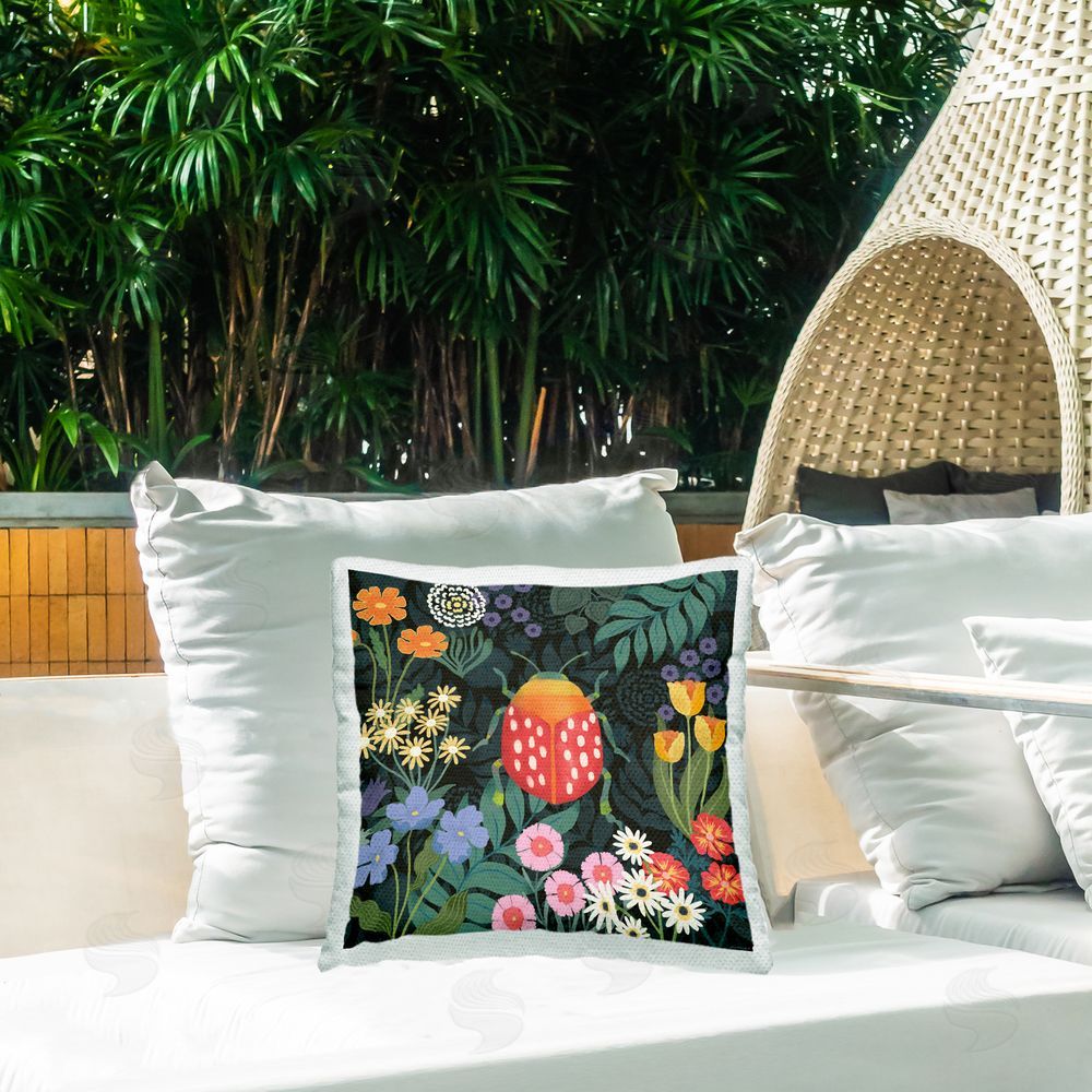 Jennifer Brinley rep. Levison Designs Ladybug in Garden Outdoor Quick-Dry Polyester Printed Throw Pillow in Back Yard