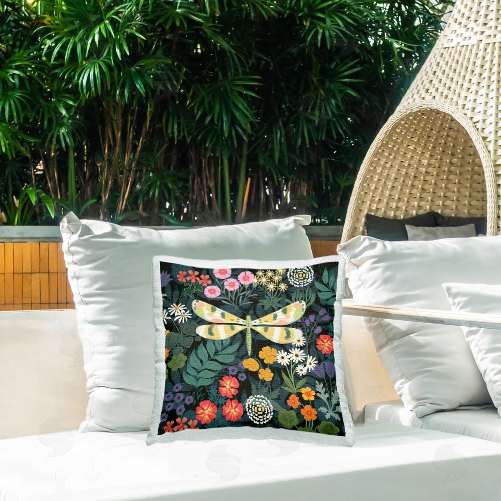 Jennifer Brinley rep. Levison Designs Dragonfly Among Flowers Outdoor Quick-Dry Polyester Printed Throw Pillow in Back Yard