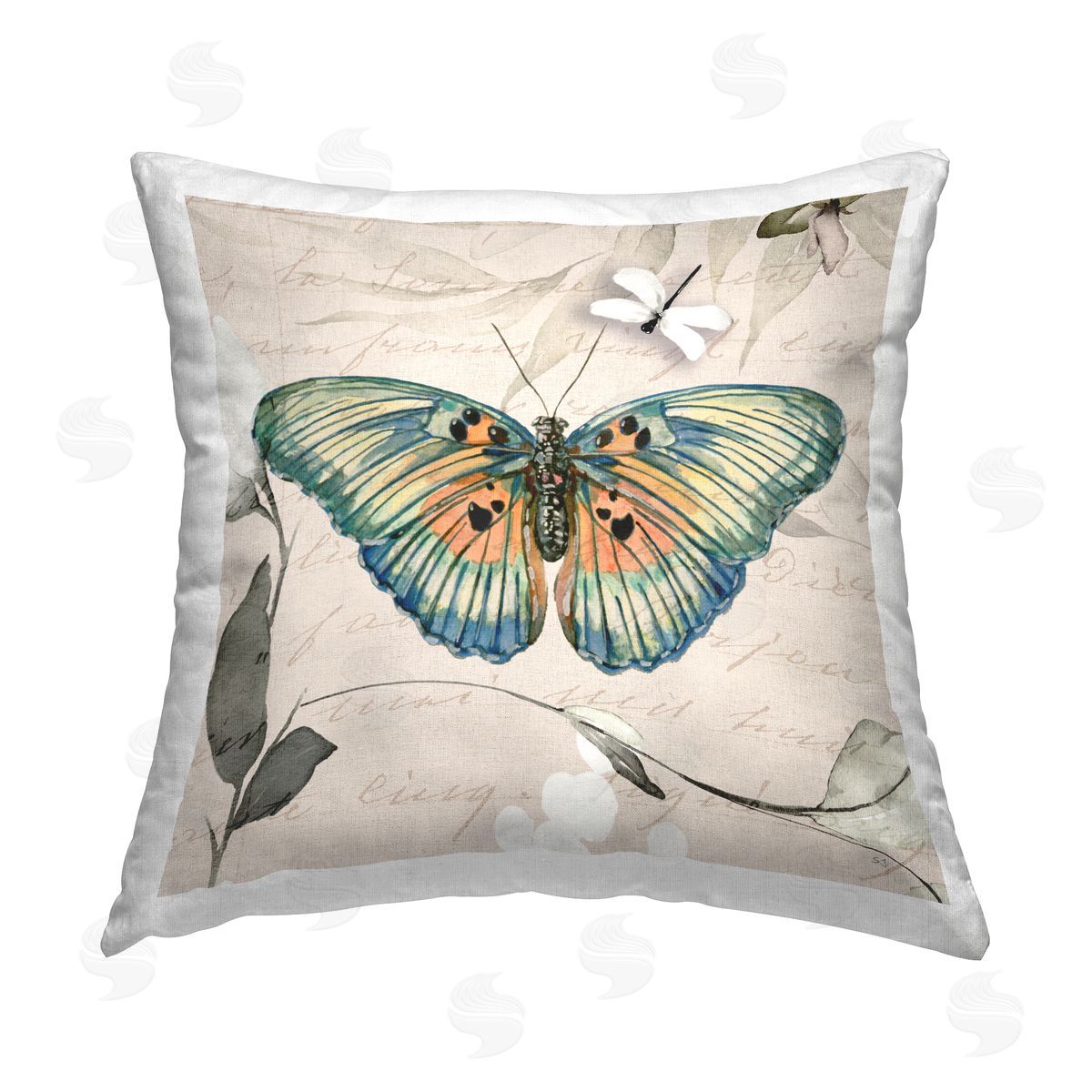 Susan Jill Vintage Butterfly on Cursive Printed Plush Polyester Throw Pillow