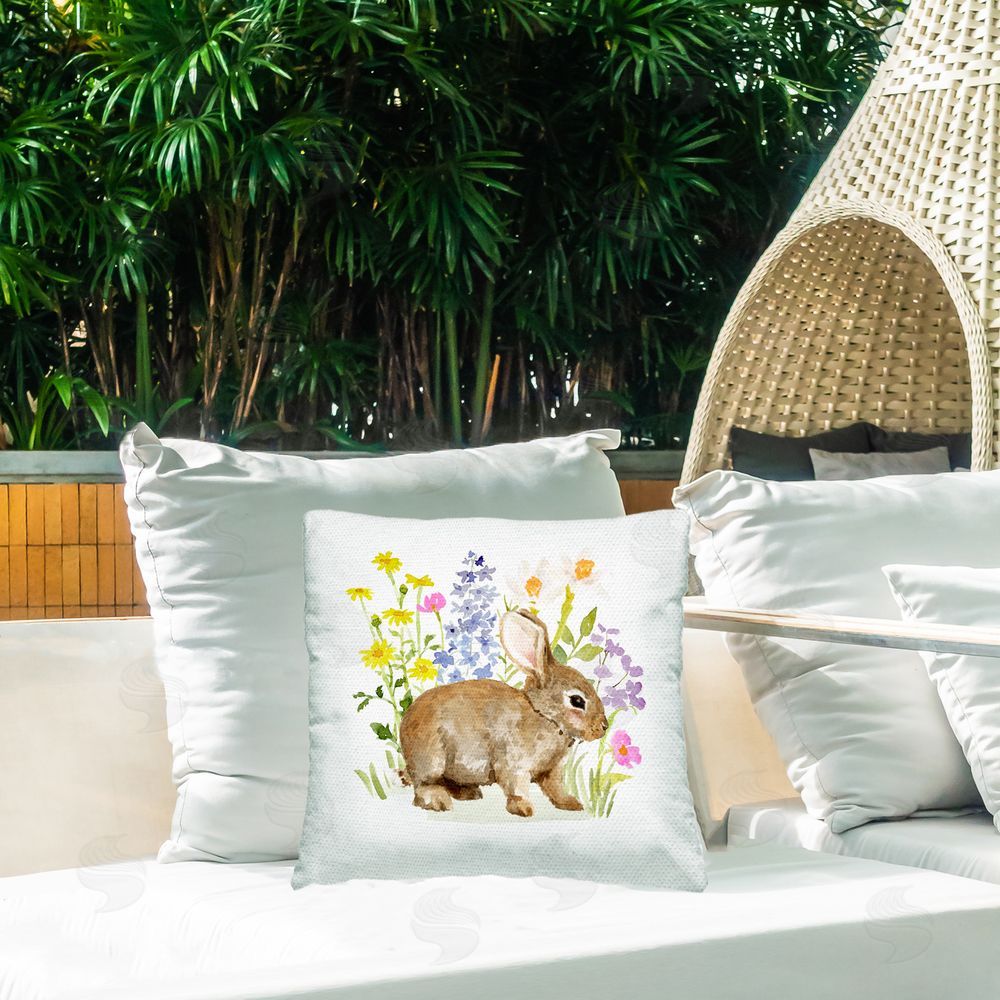 Victoria Barnes Spring Florals & Rabbit Outdoor Quick-Dry Polyester Printed Throw Pillow in Back Yard