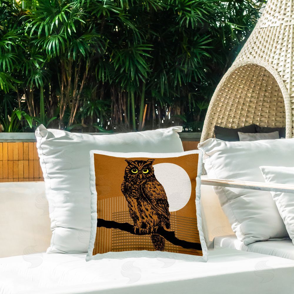 Regina Moore Brown Owl Perched Outdoor Quick-Dry Polyester Printed Throw Pillow in Back Yard