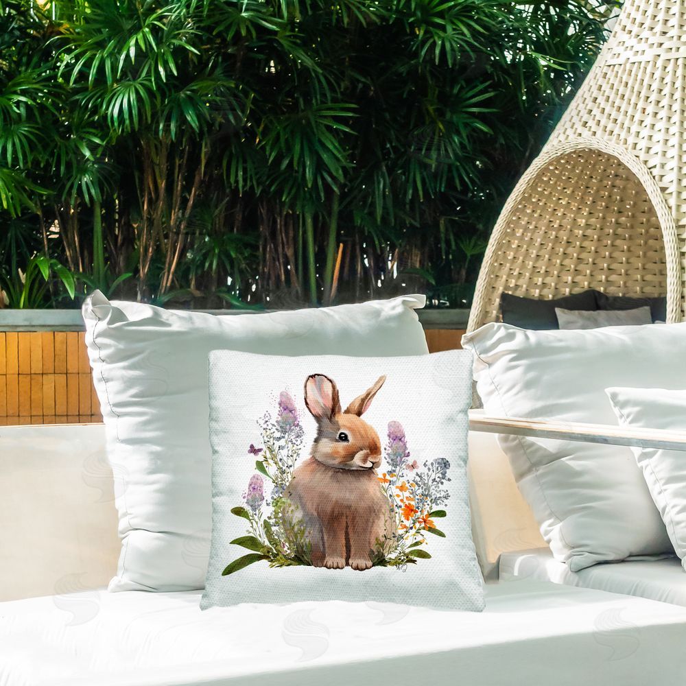 Fab Funky Baby Rabbit with Herbs Outdoor Quick-Dry Polyester Printed Throw Pillow in Back Yard