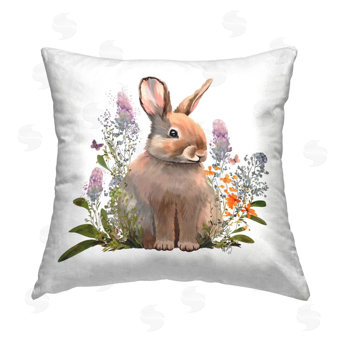 Fab Funky Baby Rabbit with Herbs Printed Plush Polyester Throw Pillow