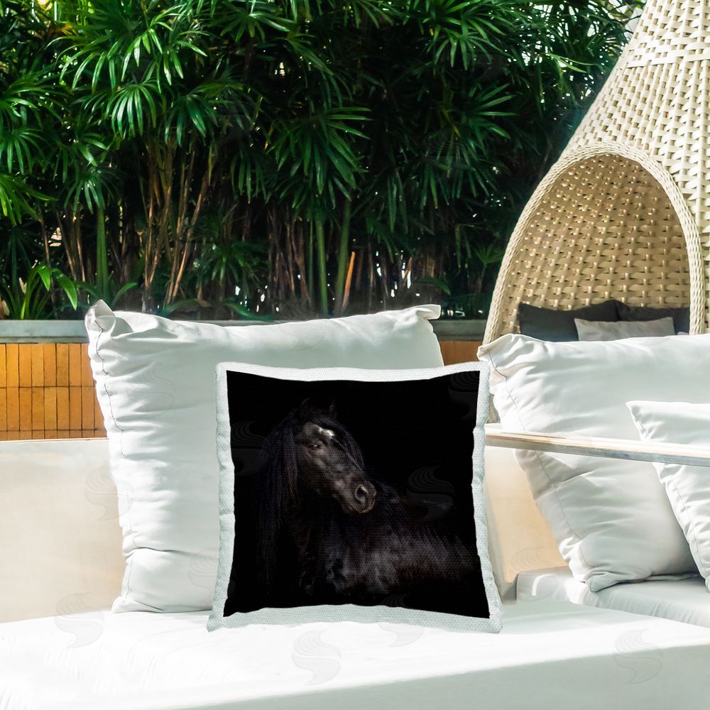 PH Burchett Dark Stallion Peering Outdoor Quick-Dry Polyester Printed Throw Pillow in Back Yard