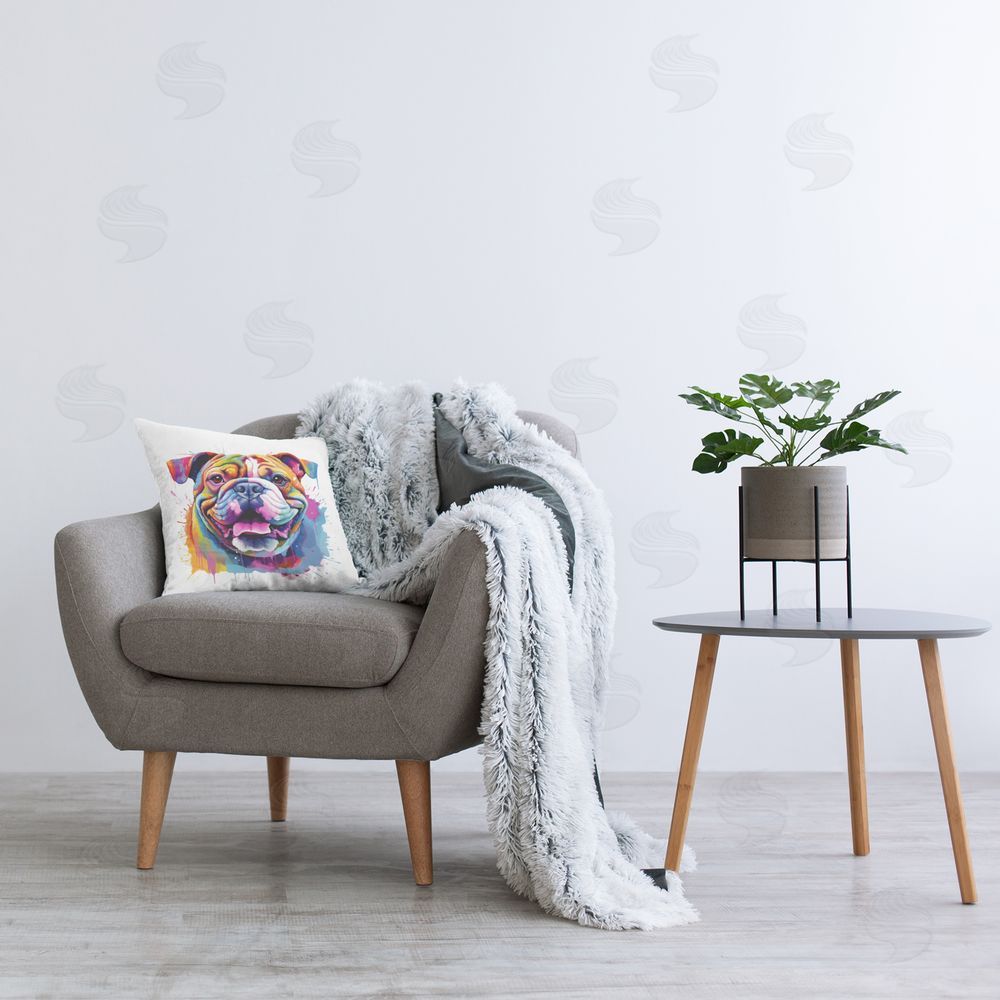 MB Cunningham Abstract Splash Bulldog Printed Plush Polyester Throw Pillow On Chair