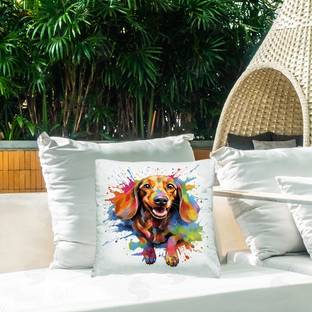 MB Cunningham Happy Dog with Splatter Outdoor Quick-Dry Polyester Printed Throw Pillow in Back Yard