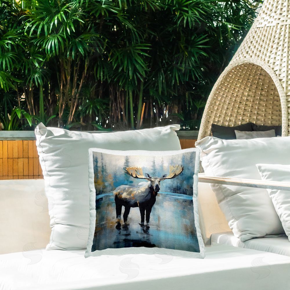 Georgie Harrison Moose in Abstract Landscape Outdoor Quick-Dry Polyester Printed Throw Pillow in Back Yard