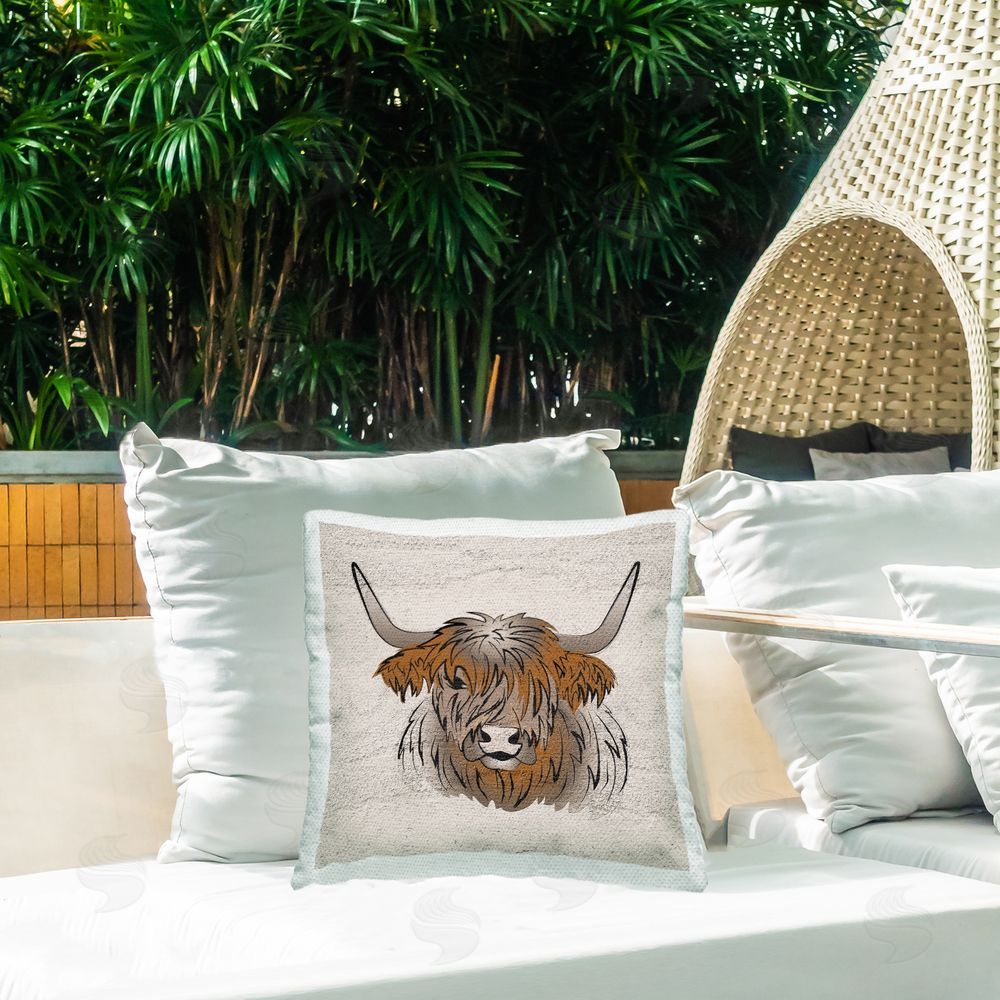 Martina Pavlova Minimal Highland Cattle Outdoor Quick-Dry Polyester Printed Throw Pillow in Back Yard
