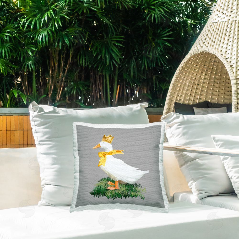 Amelia Noyes Duck with Crown & Bow Outdoor Quick-Dry Polyester Printed Throw Pillow in Back Yard