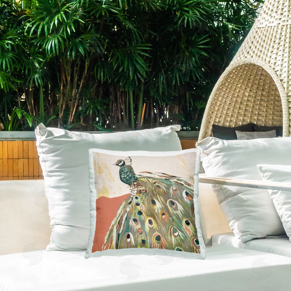 Jenny Westenhofer Modern Peacock Feathers Outdoor Quick-Dry Polyester Printed Throw Pillow in Back Yard