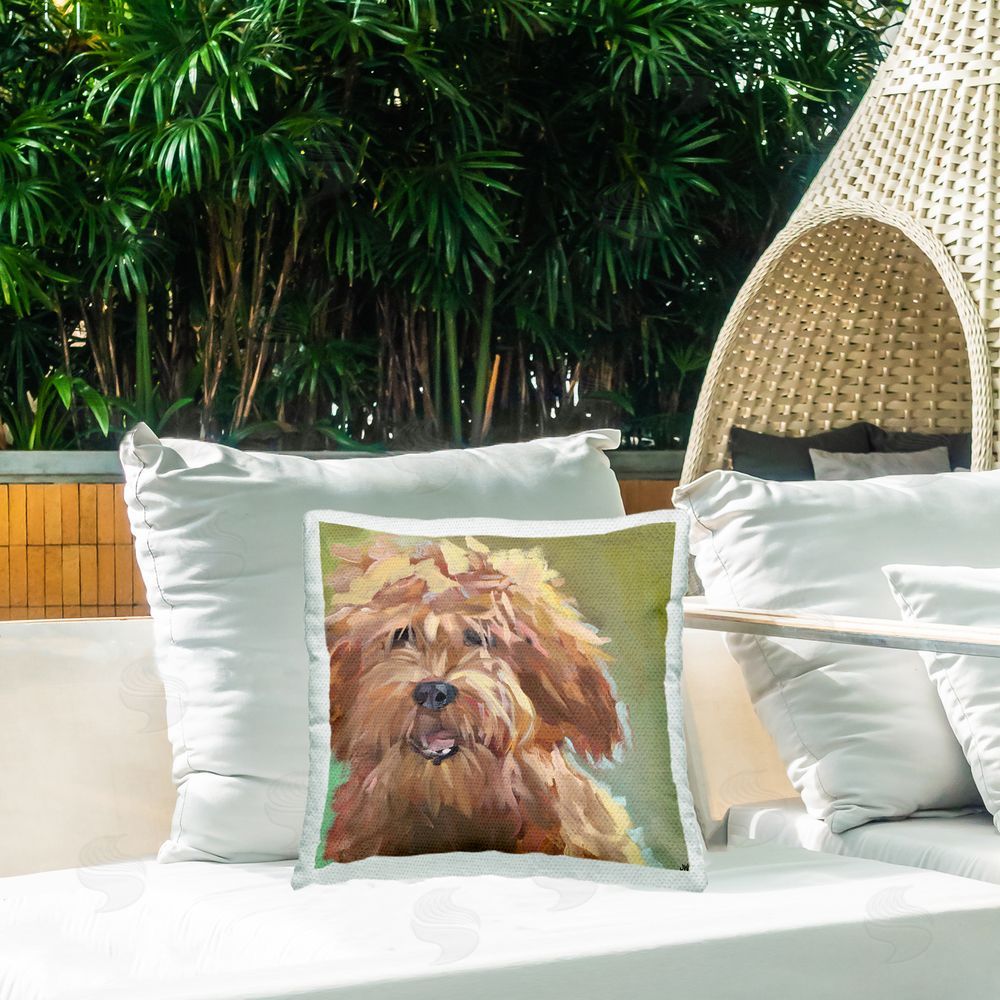 Jenny Westenhofer Abstract Golden Doodle Outdoor Quick-Dry Polyester Printed Throw Pillow in Back Yard
