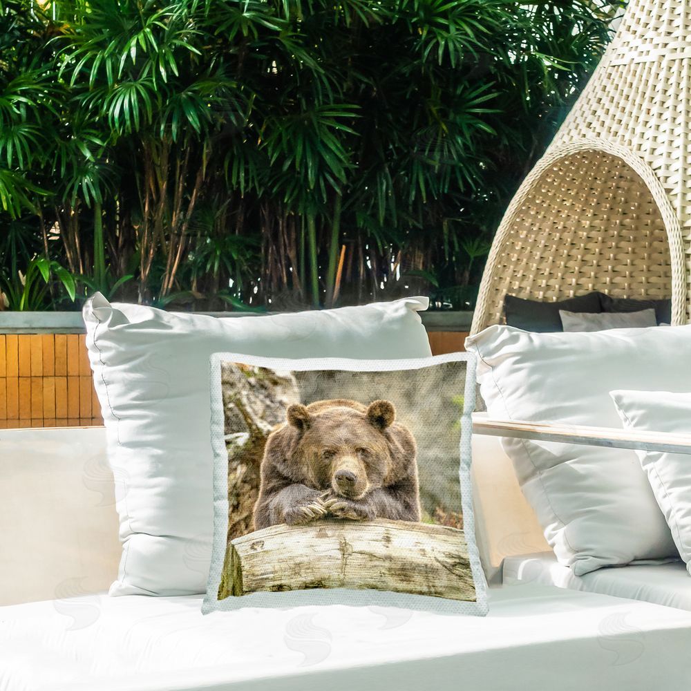 Kim Allen Bear Resting in Forest Outdoor Quick-Dry Polyester Printed Throw Pillow in Back Yard