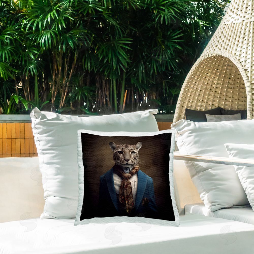Lazar Studio Leopard Wearing Suit Outdoor Quick-Dry Polyester Printed Throw Pillow in Back Yard
