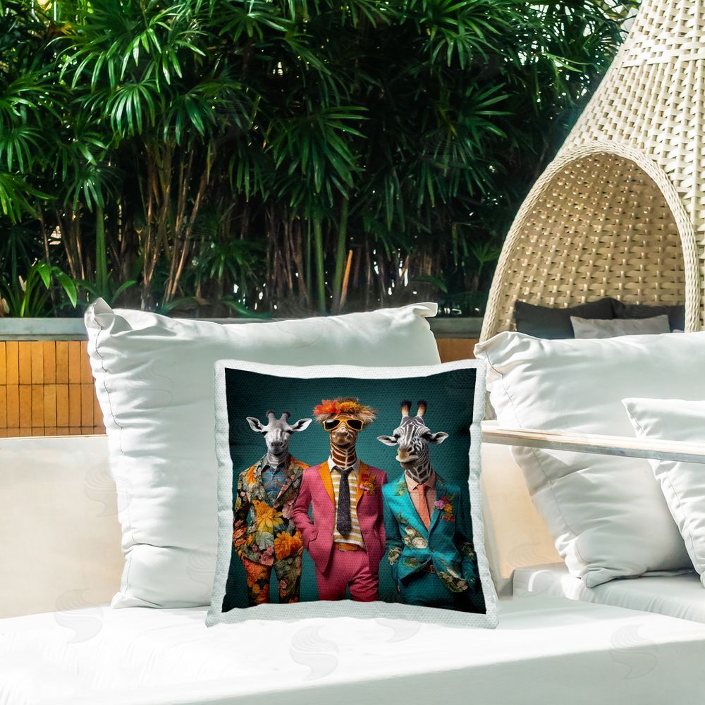 Lazar Studio Giraffes in Fun Suits Outdoor Quick-Dry Polyester Printed Throw Pillow in Back Yard