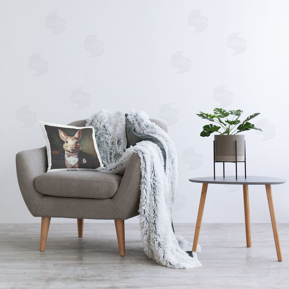 Lazar Studio Hare in Chic Suit Printed Plush Polyester Throw Pillow On Chair