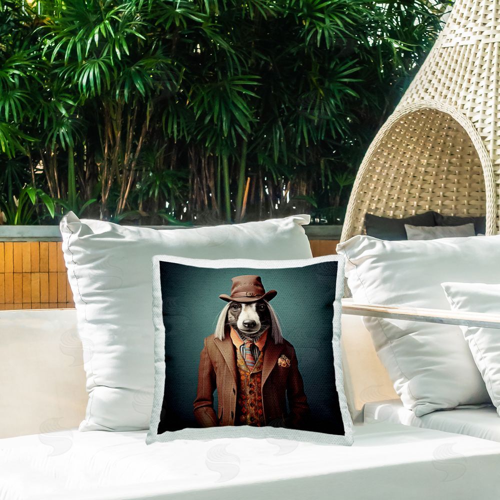 Lazar Studio Dog Wearing Brown Suit Outdoor Quick-Dry Polyester Printed Throw Pillow in Back Yard