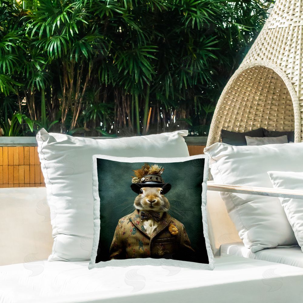 Lazar Studio Hare in Victorian Suit Outdoor Quick-Dry Polyester Printed Throw Pillow in Back Yard