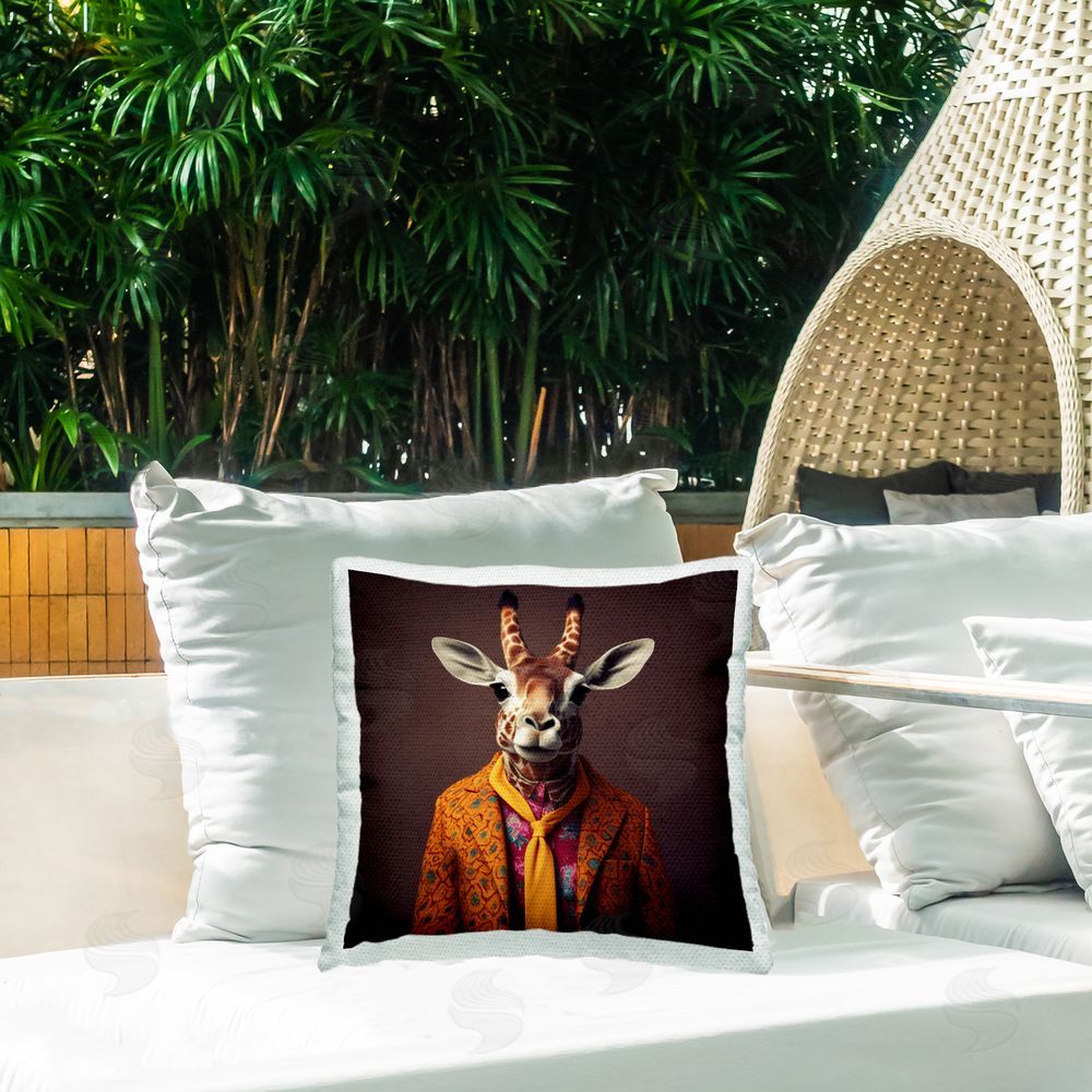 Lazar Studio Giraffe in Trendy Suit Outdoor Quick-Dry Polyester Printed Throw Pillow in Back Yard