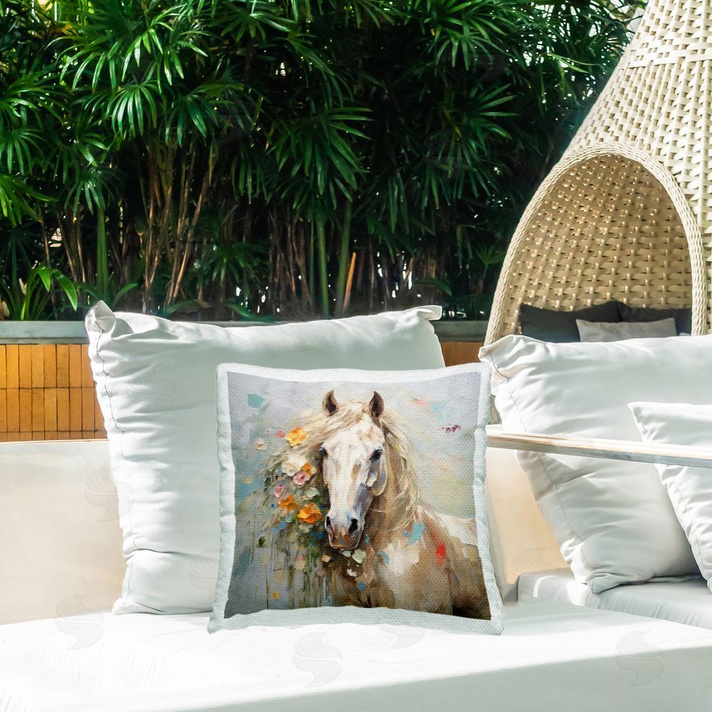 Lazar Studio Abstract Floral Horse Portrait Outdoor Quick-Dry Polyester Printed Throw Pillow in Back Yard