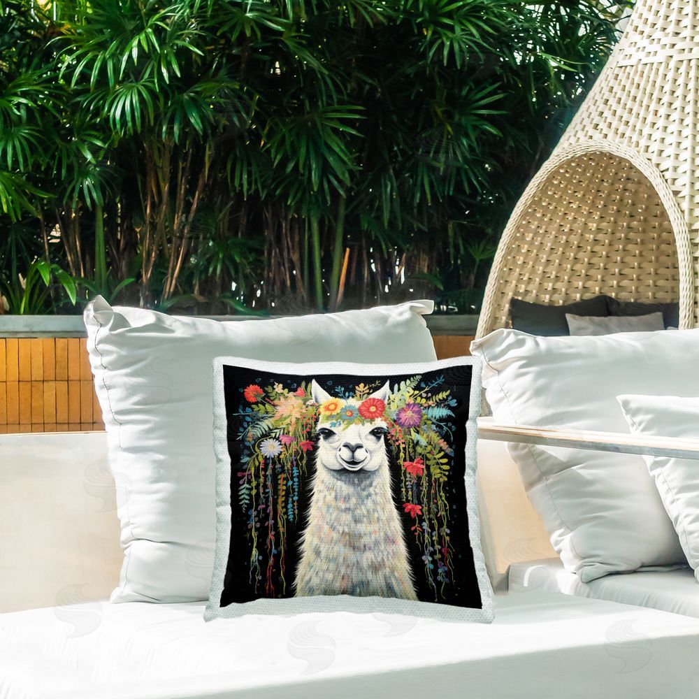 Lazar Studio Floral Llama on Black Outdoor Quick-Dry Polyester Printed Throw Pillow in Back Yard