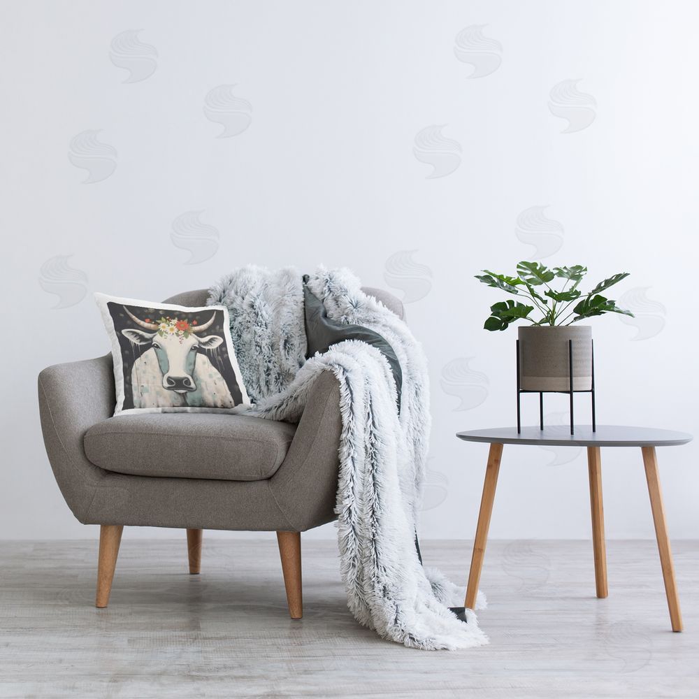 Lazar Studio Modern Cattle on Black Printed Plush Polyester Throw Pillow On Chair