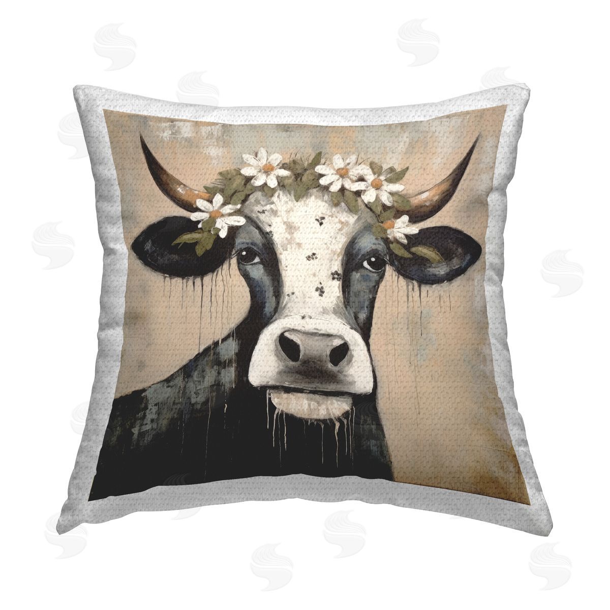 Lazar Studio Modern Cow & Daisy Crown Outdoor Quick-Dry Polyester Printed Throw Pillow