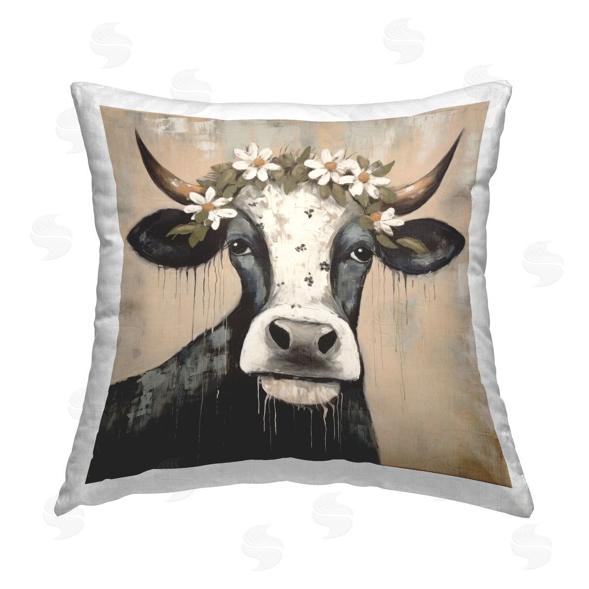 Lazar Studio Modern Cow & Daisy Crown Printed Plush Polyester Throw Pillow